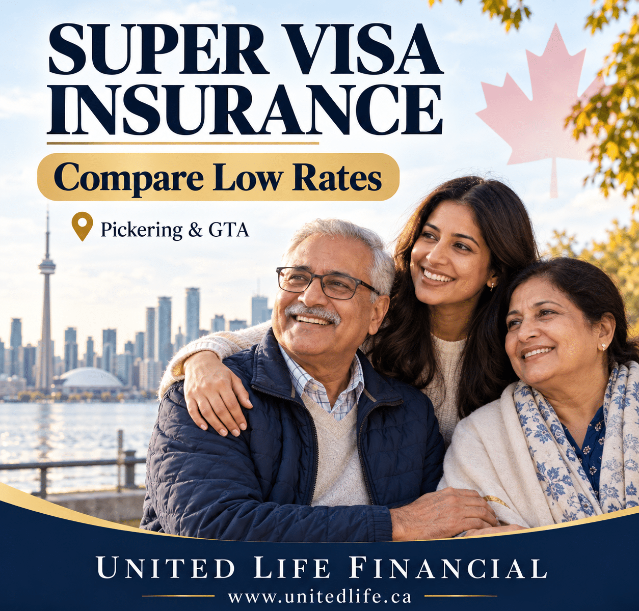 Parents with their adult daughter in Toronto, promoting super visa insurance rate comparisons with United Life Financial in Pickering and the GTA.